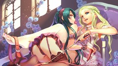 Dress red eyes stockings belts blondes anime girls blue eyes 