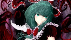 Dress Ribbons red dress bows long hair green eyes green hair 