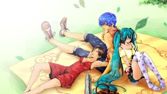 Dress short hair hatsune miku vocaloid meiko twintails aqua hair