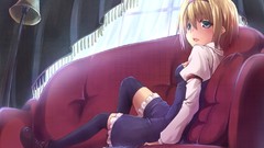 Dress sitting blondes couch blue eyes indoors short hair touhou 