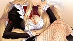 Dress sitting bows blondes long hair anime girls boots green 