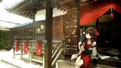 Dress socks red eyes sitting red dress yin-yang buildings bows 