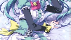 Dress stockings long hair anime girls blue eyes lying down 