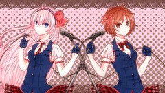 Dress tie gloves microphones skirts pink hair smiling long hair 