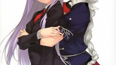 Dress tie white background hats white hair red eyes schoolgirls 