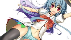 Dress white background hats navel red eyes blue hair long hair 