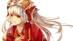 Dress white background white hair red eyes red dress bows long 