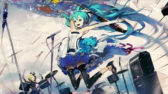 Drums guitars long hair anime girls hatsune miku vocaloid 