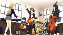 Drums instruments guitars long hair anime girls school uniforms 