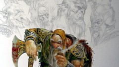 Dwarves pipes artwork Axes fantasy art cover art Adrian Smith