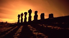 Easter Island statues silhouettes shadows sunlight moai