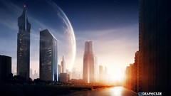 Evening planets buildings sunlight science fiction cityscapes 