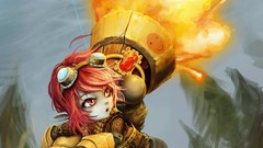 Explosion rocket artist armor red eyes anime girls jumping 