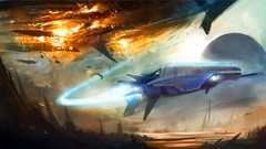 Explosions planets spaceships science fiction artwork
