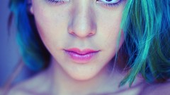 Eyes Green woman faces blue hair