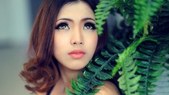 Eyes Green woman Japanese Ferns faces asians brunettes models 