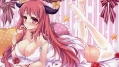 Eyes horns legs stockings pink hair long hair anime girls boobs