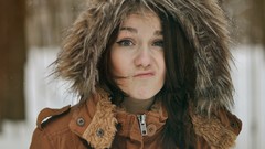 Eyes woman faces outdoors races brunettes fur coat blurred 