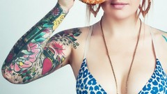 Eyes woman food stomach navel tattoos piercings models boobs 