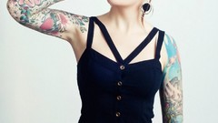 Eyes woman food stomach navel tattoos piercings models boobs 