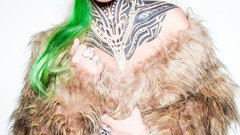 Eyes woman fur white background faces blondes tattoos piercings 