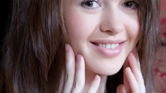 Eyes woman hands lips faces big eyes smiling long hair green 