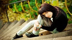 Eyes woman jeans brunettes stairways