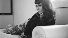 Eyes woman legs tattoos angels couch models boobs