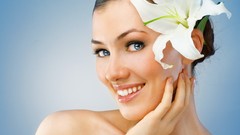 Eyes woman lily teeth lips skin brunettes flower in hair