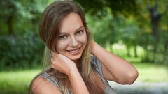 Eyes woman lips blondes smiling long hair forests