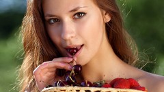 Eyes woman lips cherries faces eating brunettes models Irina J