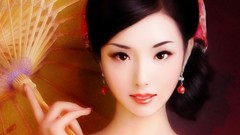 Eyes woman Umbrellas kimono asians parasol brunettes