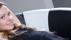 Eyes woman widescreen faces smiling long hair brunettes lying 