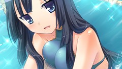 Faces long hair anime girls blue eyes black hair game cg