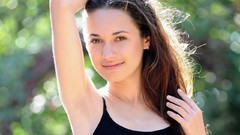 Faces outdoors smiling long hair brown eyes brunettes models 