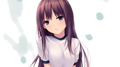Faces t-shirts blush long hair anime girls green eyes brunettes 