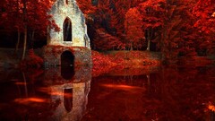 fall water reflection ruin Trees red outdoors ruins
