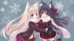 Fangs blondes scarfs long hair anime girls seifuku black hair 