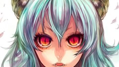 Fangs horns red eyes faces long hair anime girls flower petals 