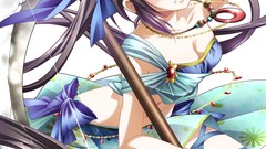 Fangs red eyes bows anime girls scythe black hair