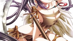 Fangs red eyes Ribbons anime girls scythe black hair