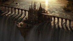 fantasy art castle river sunlight waterfall bird's-eye view cgi