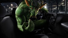 fantasy art creature car interior Car horns red eyes