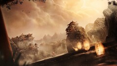 fantasy art Desktopography artwork Asia temple Mountains