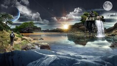 fantasy art digital art planet water Men elephant waterfall sun