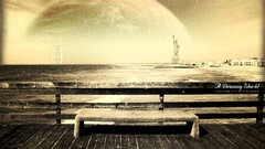 fantasy art digital art Statue of Liberty planet sepia sky Wood