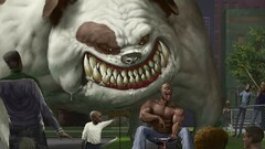 fantasy art dog humor teeth urban Men muscles