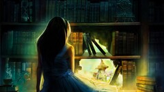 fantasy art fantasy girl Books cup Alice in Wonderland indoors