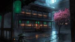 fantasy art rain fantasy city Anime House lantern Trees Asia