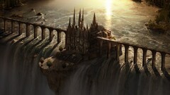 fantasy art waterfall castle Bridge sunset artwork cgi render